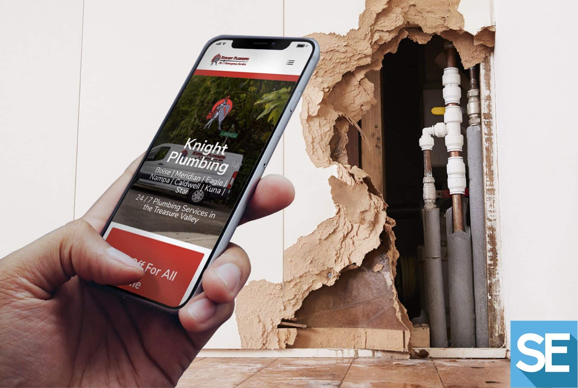 Someone opens Knight Plumbing’s mobile site to call about a pipe repair; there’s a damaged wall with exposed pipes in the background.