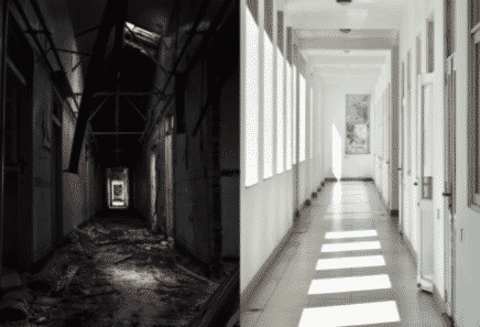 Side by side images. One of a scary dark hall way, and the other of a nice hallway that's fully lit.