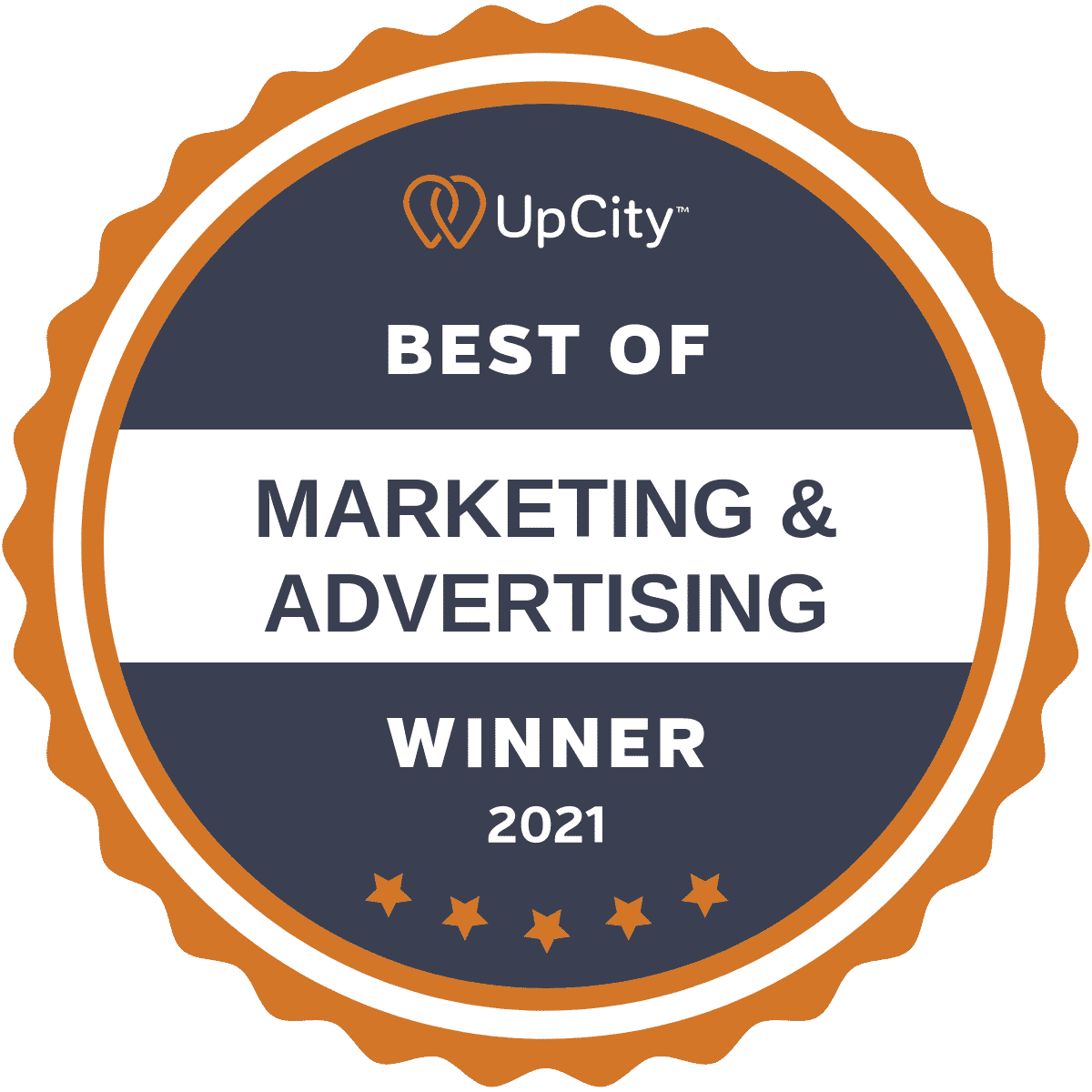 An award logo that reads "UpCity Best of Marketing & Advertising winner 2021."
