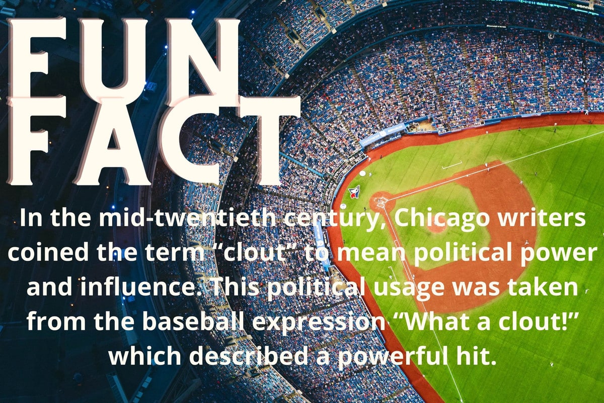 A graphic that reads "Fun Fact. In the mid-twentieth century, Chicago writers coined the term "clout" to mean political power and influence. This political usage was taken from the baseball expression "what a clout!" which described a powerful hit.