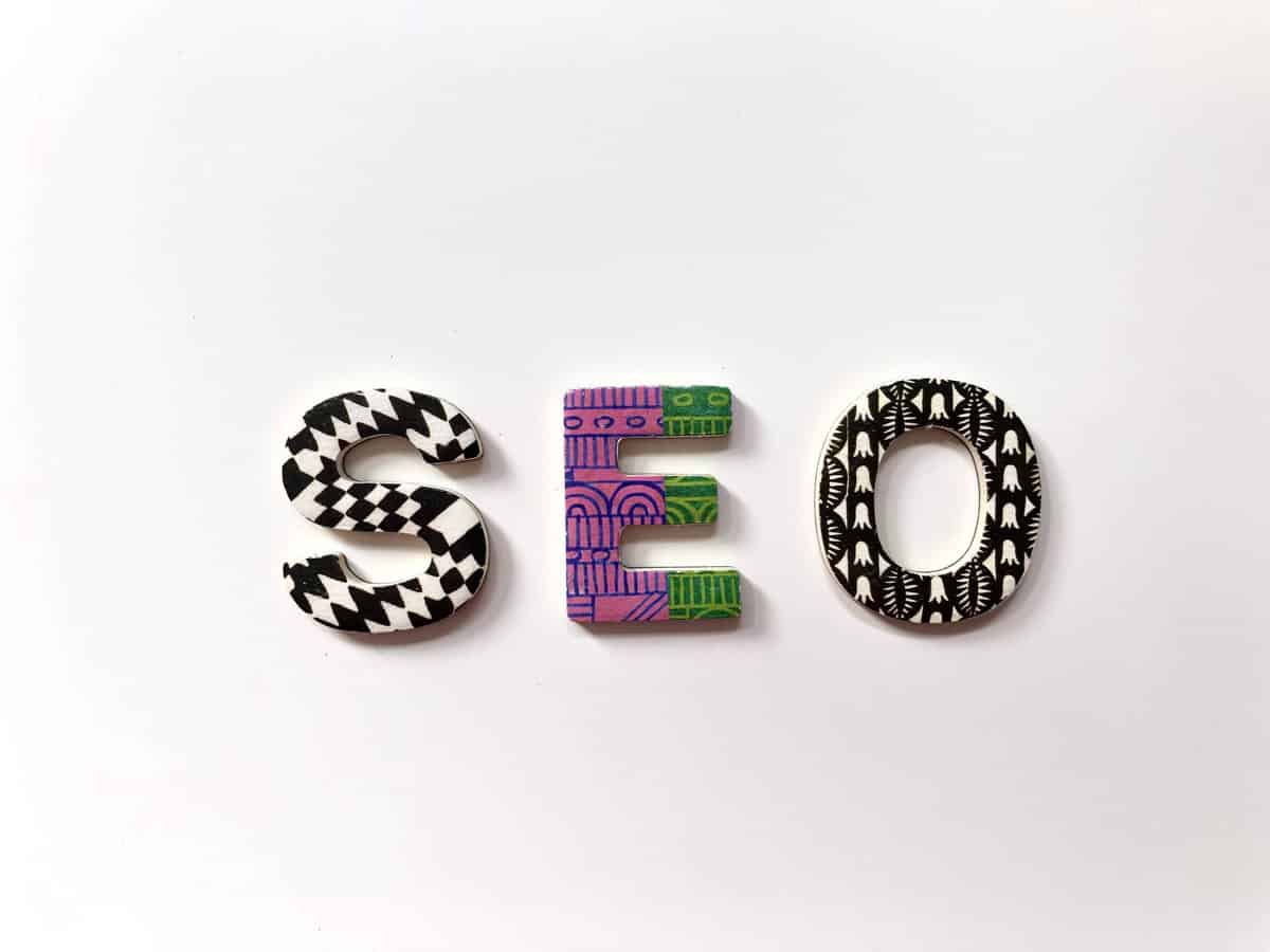 The letters of the word "SEO" designed with various patterns.