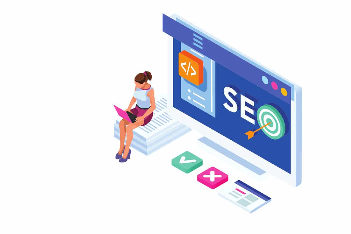A graphic of a person sitting on papers next to a screen that reads "SEO."