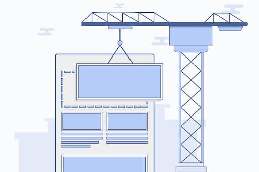 A concept of a landing page content mockup with a crane moving a section to the top.