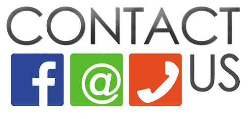 A "contact us" graphic with a Facebook logo, an @ symbol, and a phone symbol. 