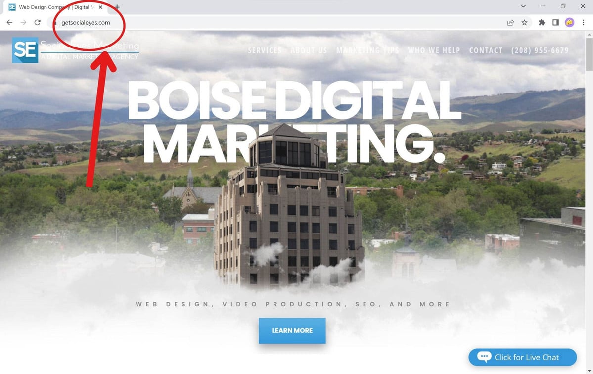 An image of the Social Eyes Marketing website, displaying the Hoff Building (their office), and with an arrow pointing up to the Social Eyes Marketing URL.