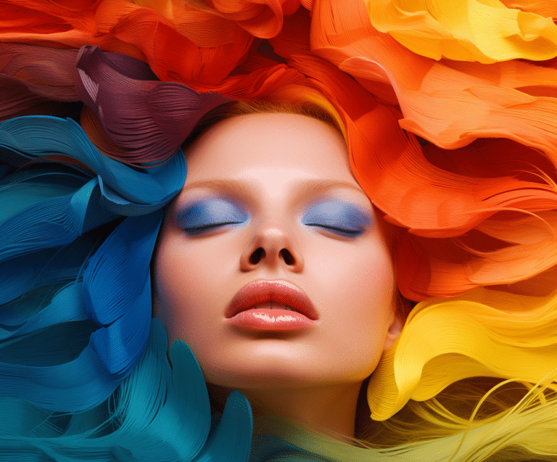 A person's face with colorful makeup and red, yellow, orange, blue, and green hair surrounding it.