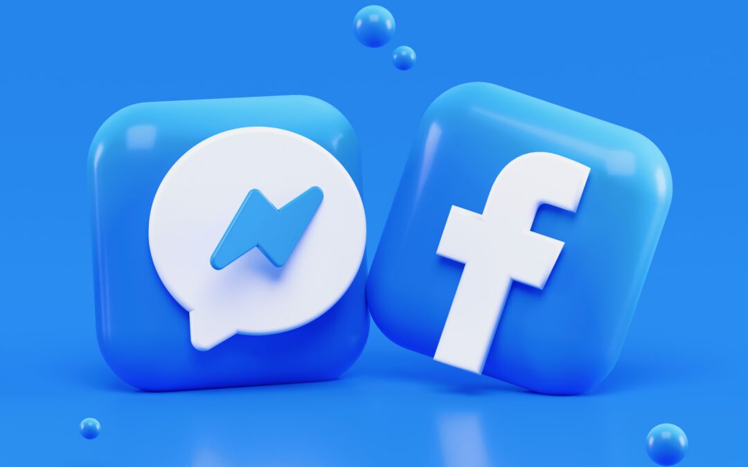 Two blue blocks on a blue background display the Facebook logo and the Facebook Messenger logo.
